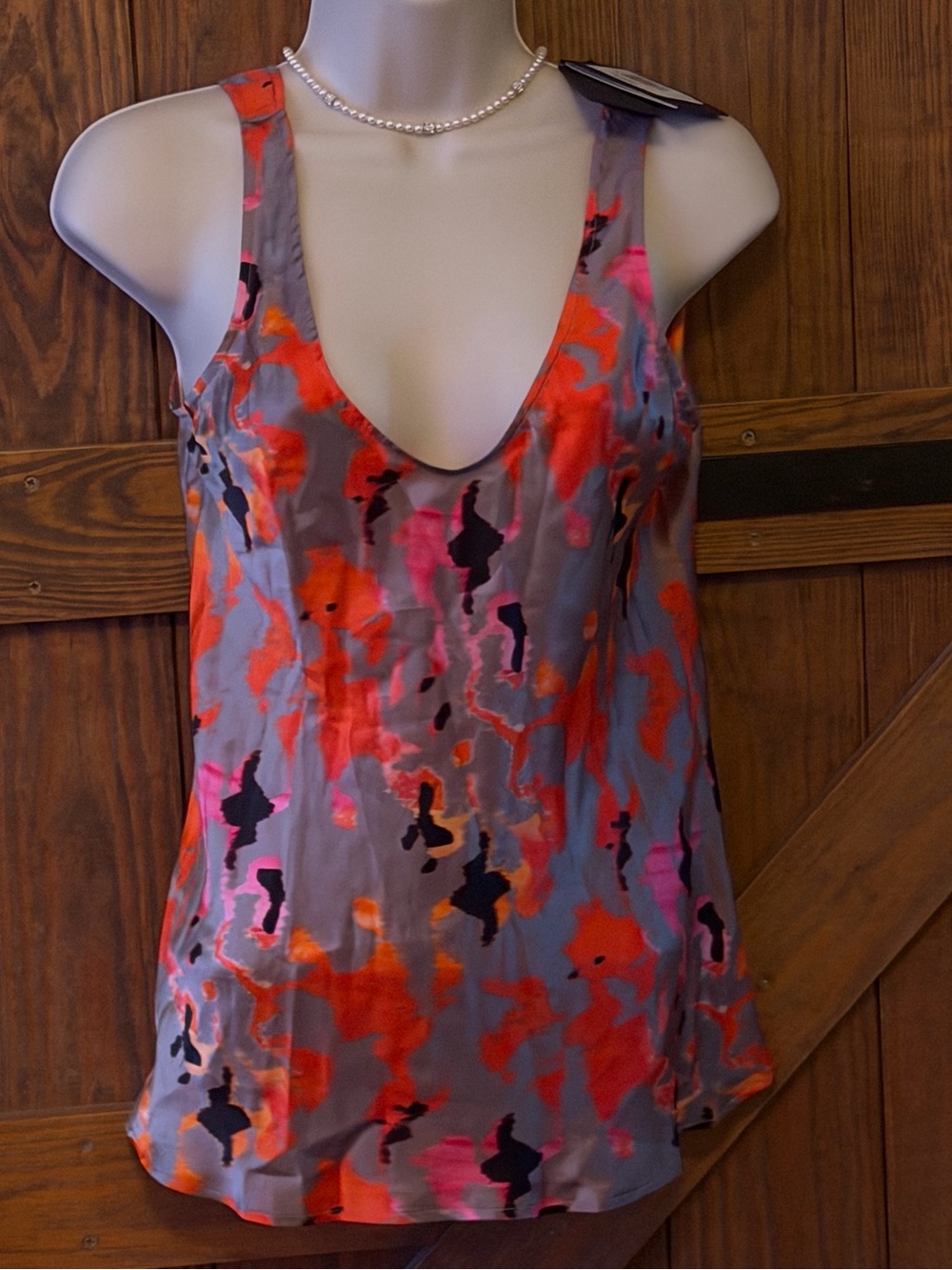 Giorgio Armani Gray Satin V-Neck Camisole with Red & Pink Abstract Print